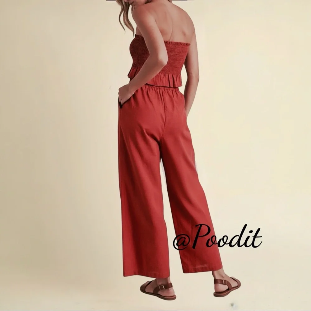 KLESIS rust wide leg smocked top linen two piece set sz MEDIUM - Picture 2 of 3